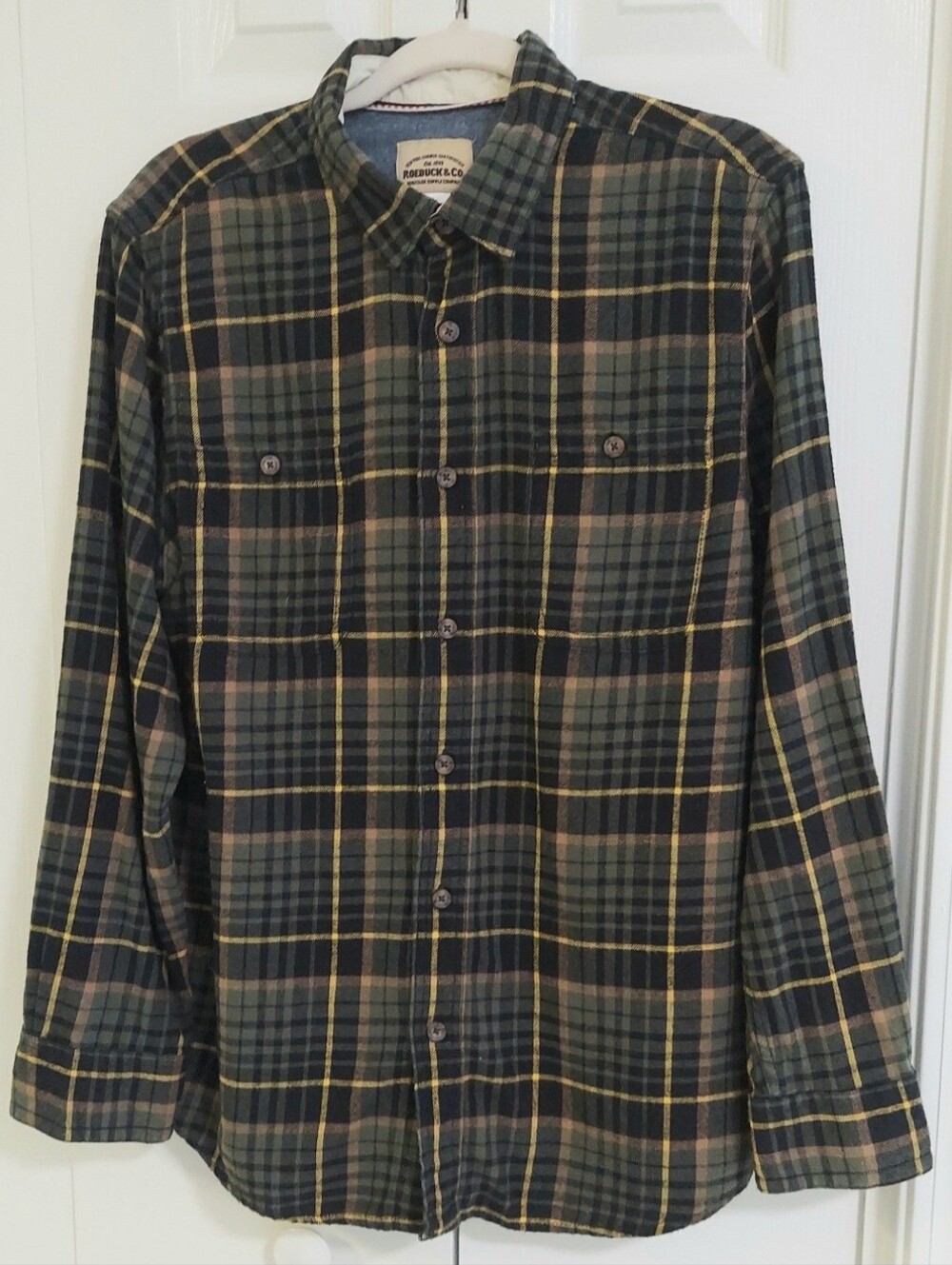 Roebuck & Co Shirt, Size L, Plaid, Flannel, Brushed Cotton, Green, Blue